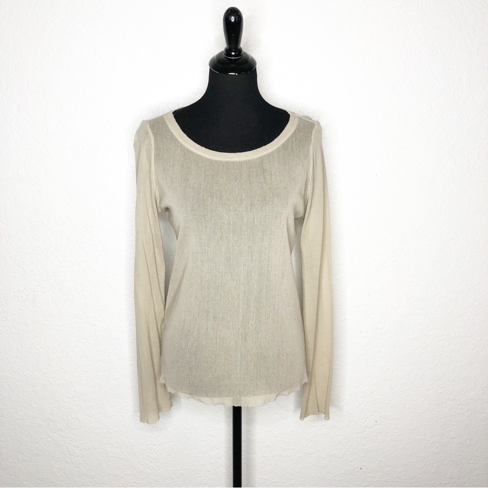 Cut loose tan cream mesh knit long sleeve sheer top size Large
